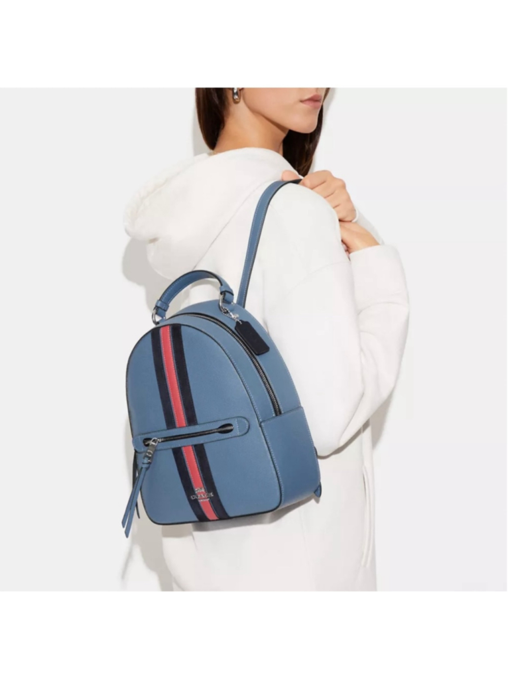 Coach CB872 Jordyn Backpack Crossgrain Leather Varsity Stripe Indigo